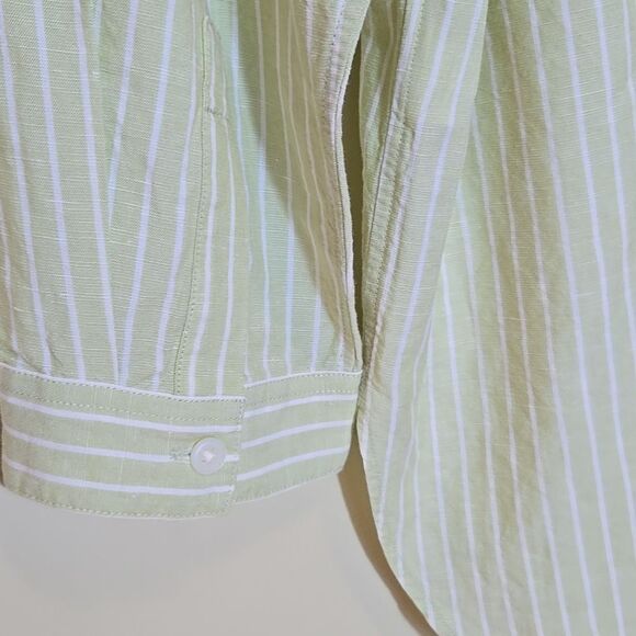 Uniqlo Linen Blend Striped Button Down Shirt Medium 3/4 Sleeve Band Collar Green - Picture 10 of 11